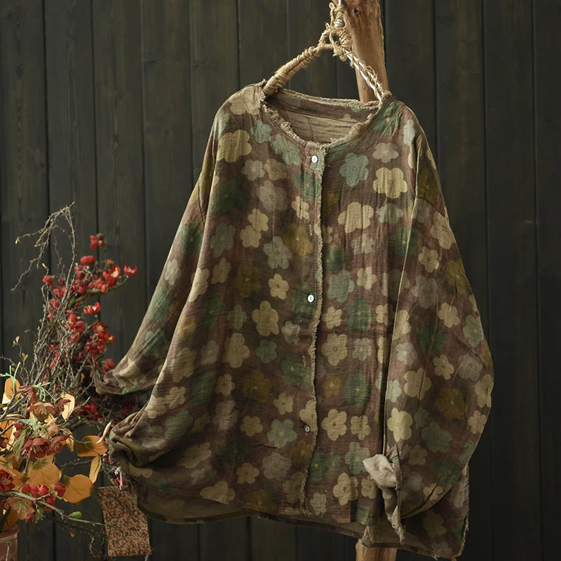 

100% хлопок, женская повседневная рубашка с длинным рукавом, Новое поступление, осень 2023, винтажный стиль, свободные женские топы с цветочным принтом, M2200