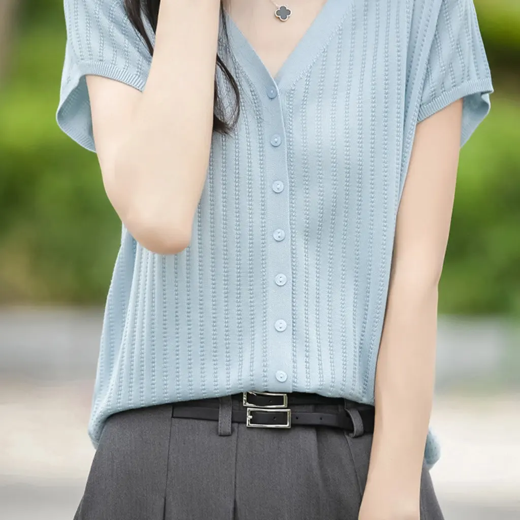 

Women's V-neck Short-Sleeved Cardigan Slim Fit Solid Color Elegant Sweater Fashion Top for Summer External Wear