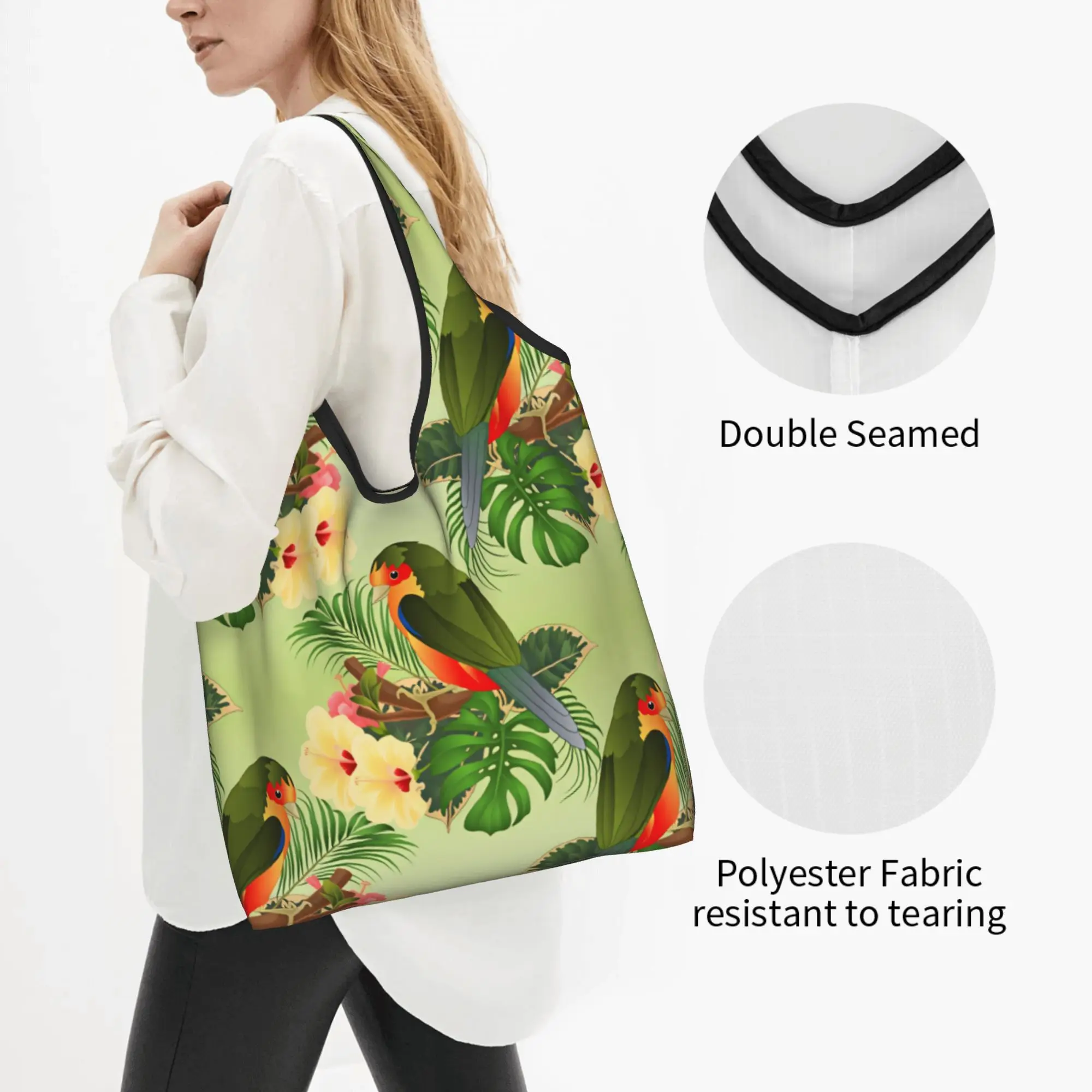 Reusable Fashion Watercolor Birds And Plant Flowers Shopping Bag Women Tote Bag Portable  Grocery Shopper Bags
