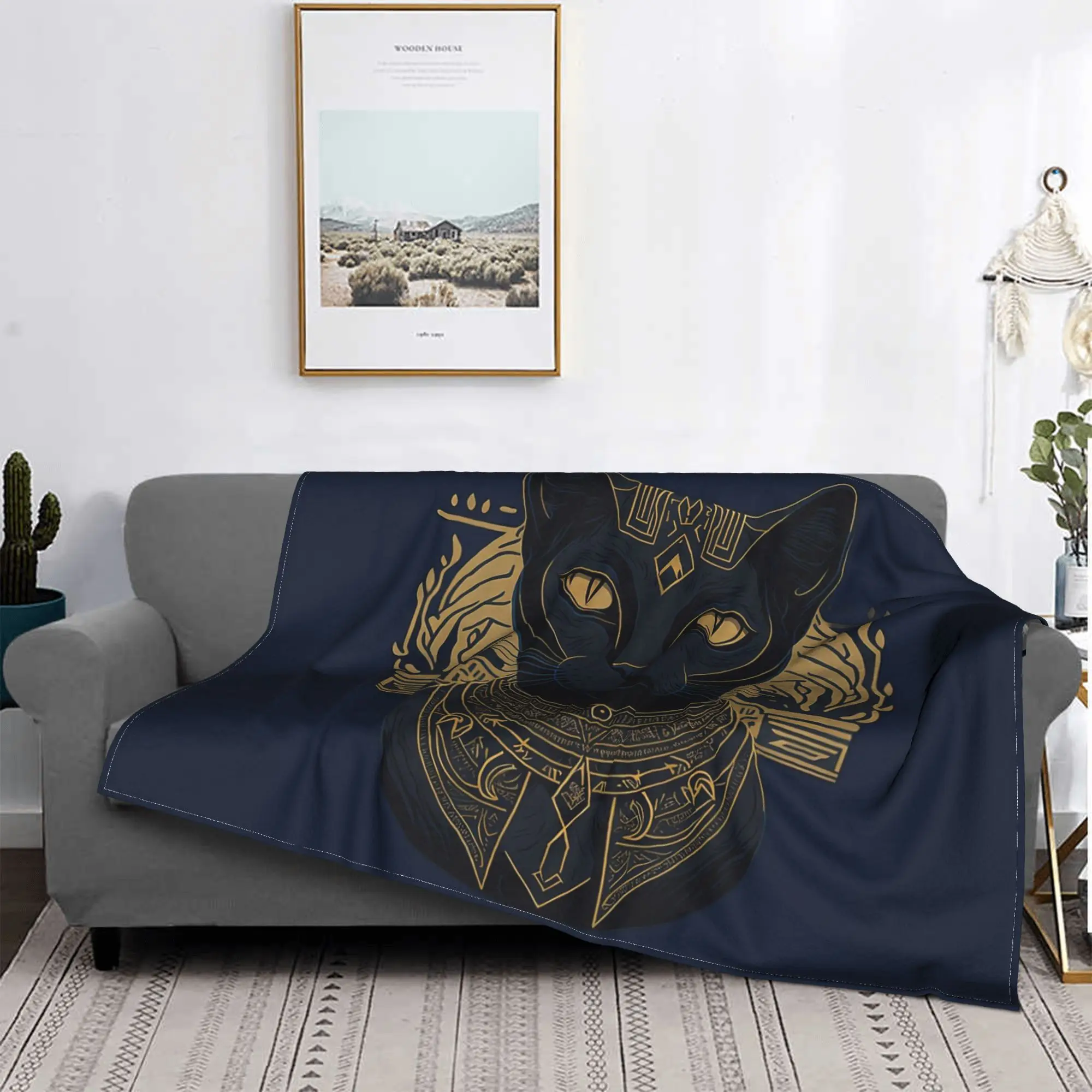 Egyptian goddess Bastet art of ancient egypt black cute funny cat vintage myth Blanket Flannel Blanket for Couch Bedding Quilt