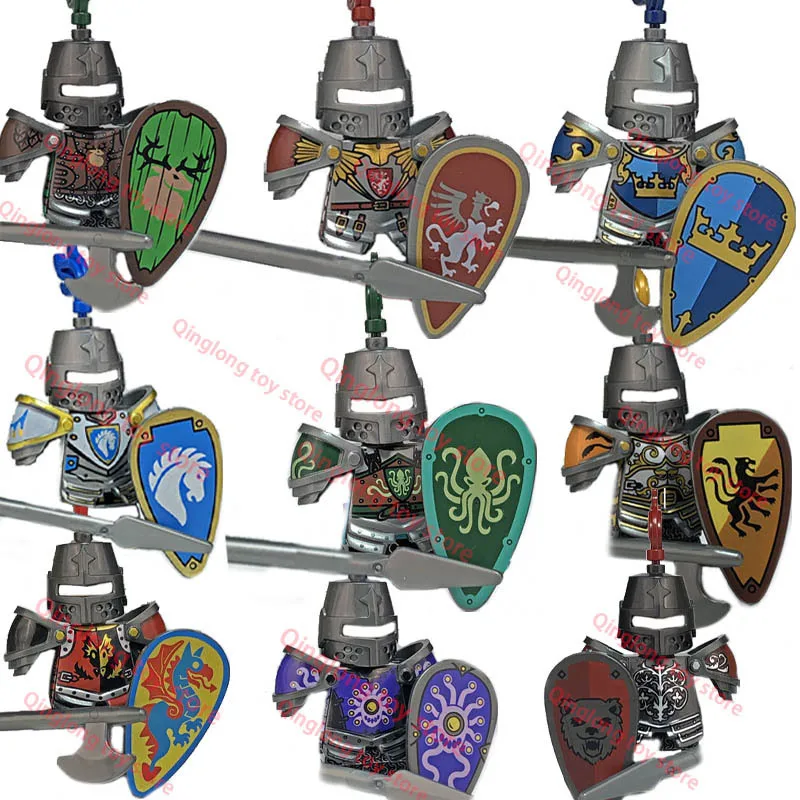 

NEW VP122-129 Fire Dragon Lion Knights Bricks Middle Ages Blue Horse Raven Knight Building Block Assembly Figure Doll Gift
