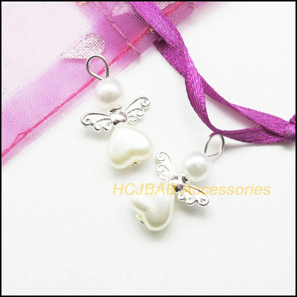 20 New White Acrylic Angel Charms Silver Plated Tiny Heart Pendants 14x22mm