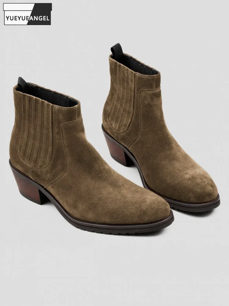 Frühling Herbst Herren Braune Chelsea Boots aus Rindsleder, Hochgeschnittene Schuhe, Slip-On mit Spitzer Zehenkappe, Business Herren Casual Knöchelstiefel