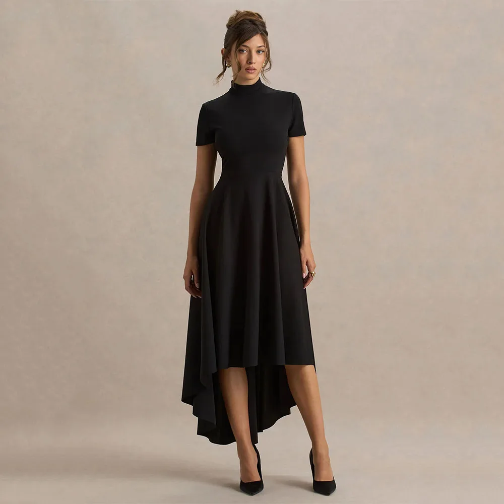 

Customized Women's Party Dresses Short Sleeves High Collar Cocktail Gowns Asymmetrical A Line High-Low Simple Prom Dress 2026