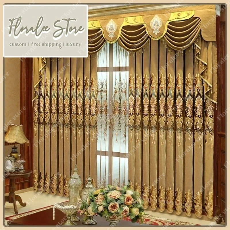

European Style Luxury Brown Chenille Window Curtains For Living Room Bedroom Dining Thickened Villa Embroidered Gauze Curtain