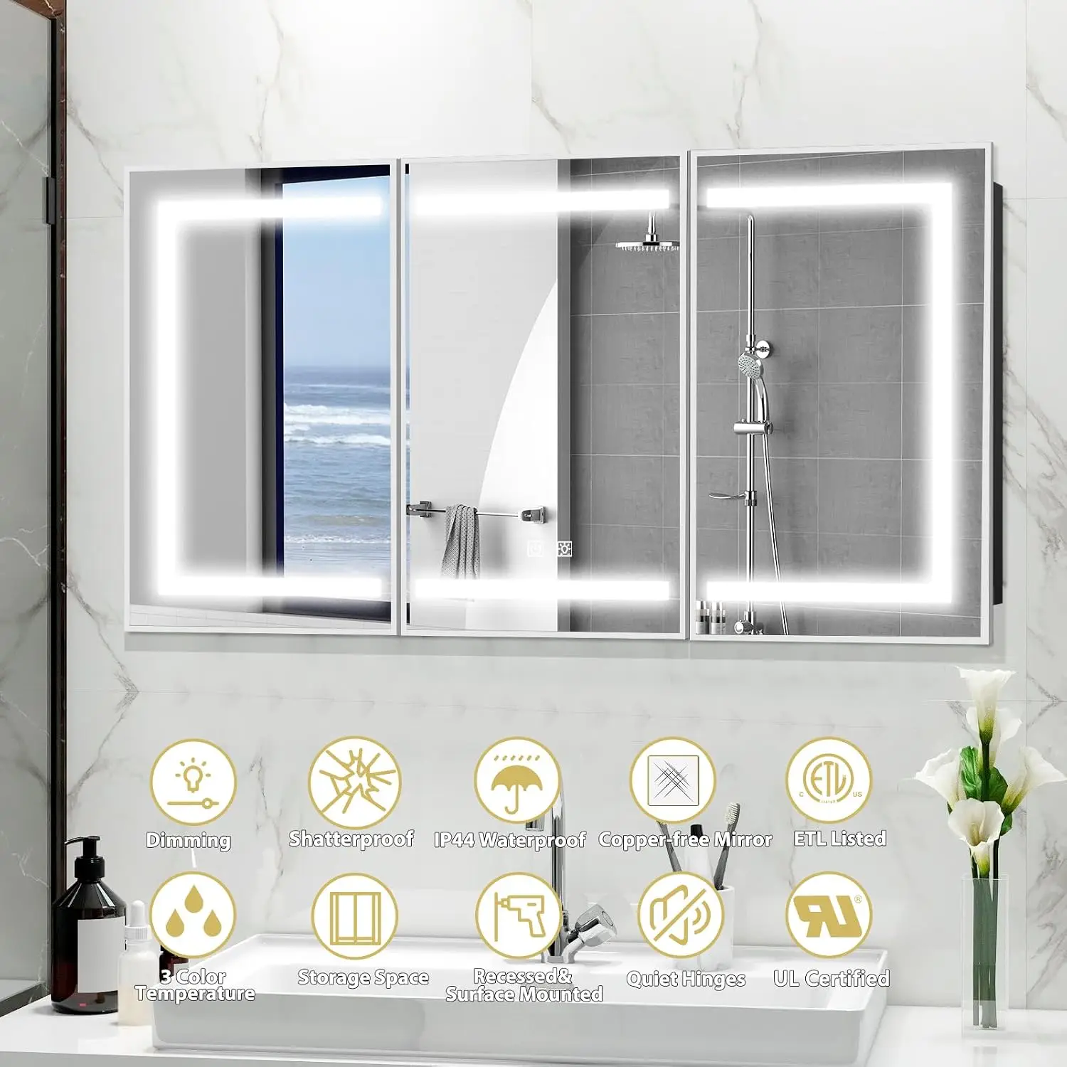 Medicine Cabinet Mirror 48x32 Inch LED Lighted Silver Bathroom Storage Recessed Wall Mount 3 Color Temp Dimmable, Customized