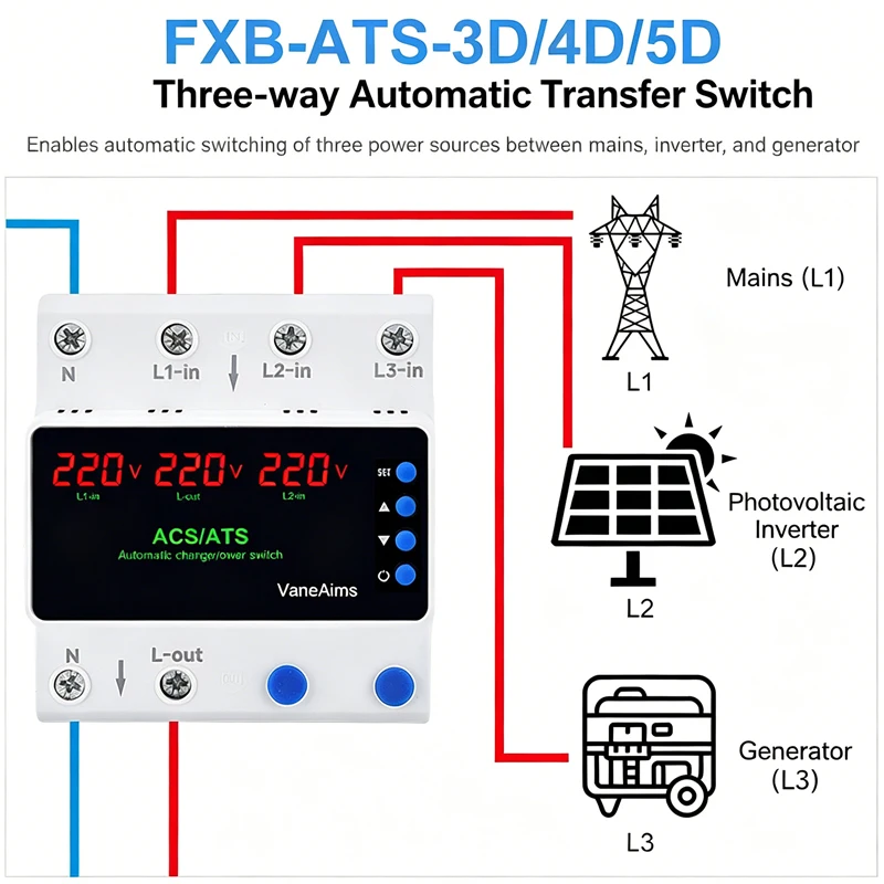 Digital Adjustable ATS 63A 100A 220V Automatic Transfer Switch Over Under Voltage Current Protector DIN Rail Mount Relay