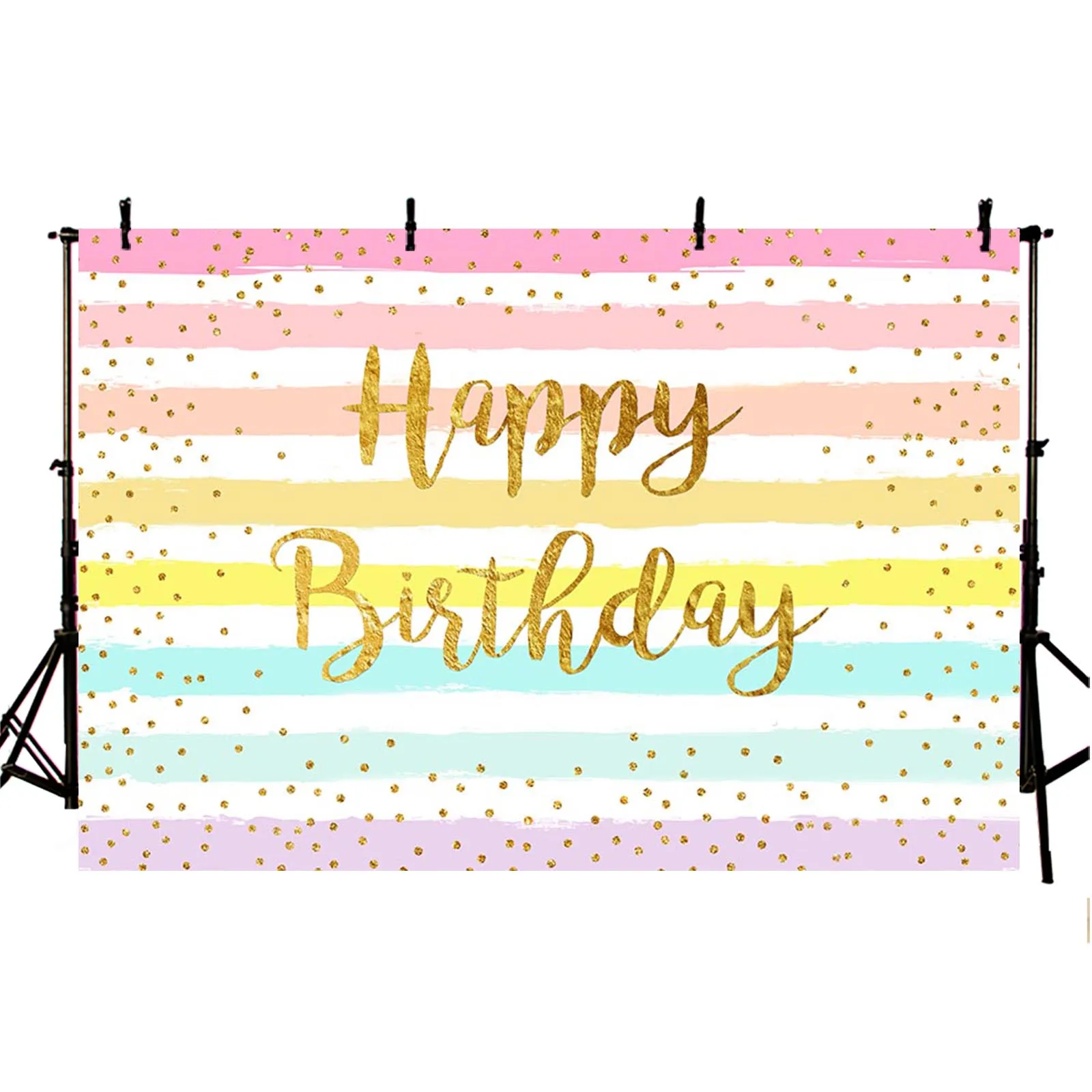 Rainbow Stripes Happy Birthday Photography Background Gold Glitter Dots Colorful Backdrop Party Decor Child Girl Photo Studio