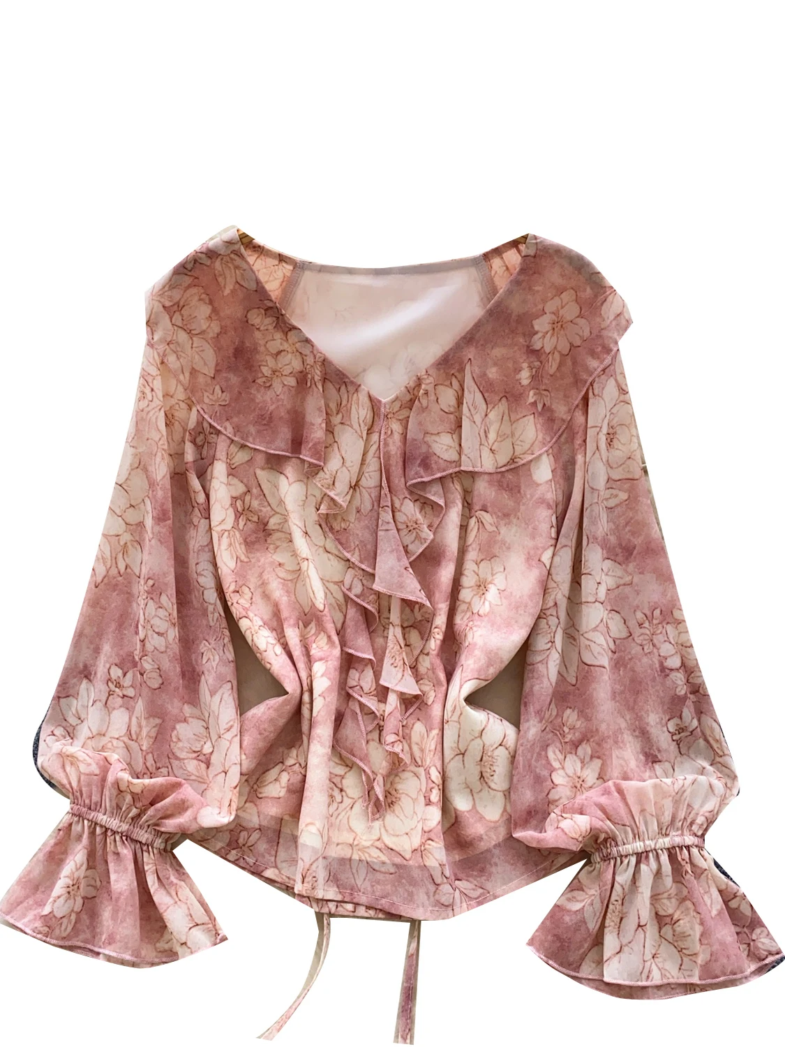 Franse Sle losse pasvorm bloemenprint irt Faionable Bell Sve-blouse voor dames met kanten rand Veelzijdige top voor woon-werkverkeer