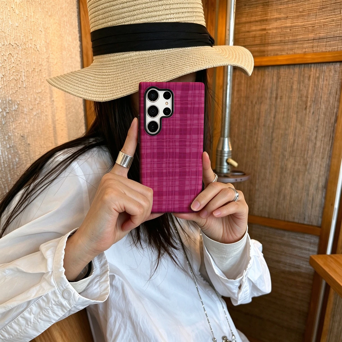 Magenta Hand Drawn Grid Hard Shock-Absorption Phone Case For Samsung Galaxy S26 S25 Ultra S24 S23 Plus 2-in-1 Protective Cover