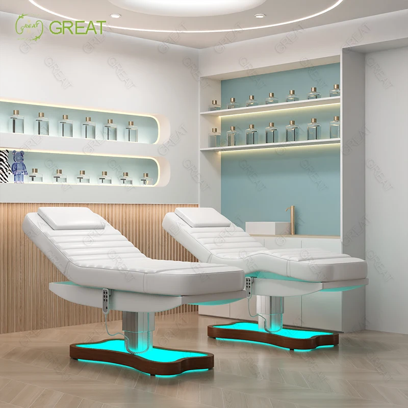 Luxury White Beauty Salon Cosmetic Lash Bed 3 Motor Electric Facial Spa Bed With Led Lighting