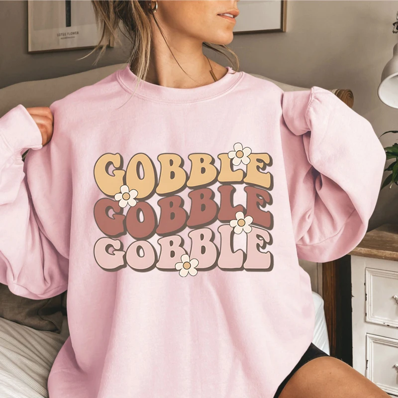 Thanksgiving Gobble Cute Sweatshirts Women Flower Gobble Trending Sweatshirt Fall Season Gifts Womens Thanksgiving Sweatshirt