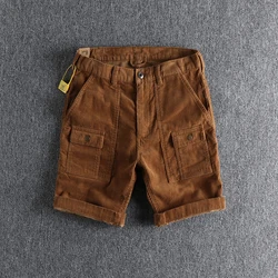 Summer Japanese Retro Corduroy Multi-pocket Cargo Shorts Men's Fashion Pure Cotton Washed Old Straight Casual 5-Point Pants