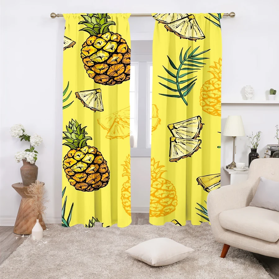 2PCS, Multicolor, Tropical Pineapple and Palm Leaf Print Curtains, for Bedroom and Living Room, Rod Pocket Style
