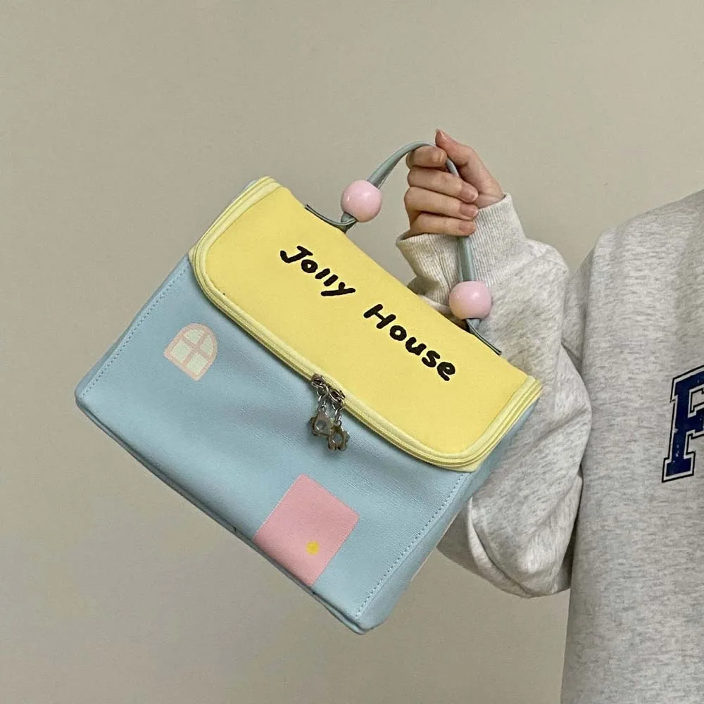 

Zipper Nylon Cartoon House Cosmetic Bag Thickened Large Capacity Dopamine Color Handbag Printed Kawaii Make Up Pouch Bag Women