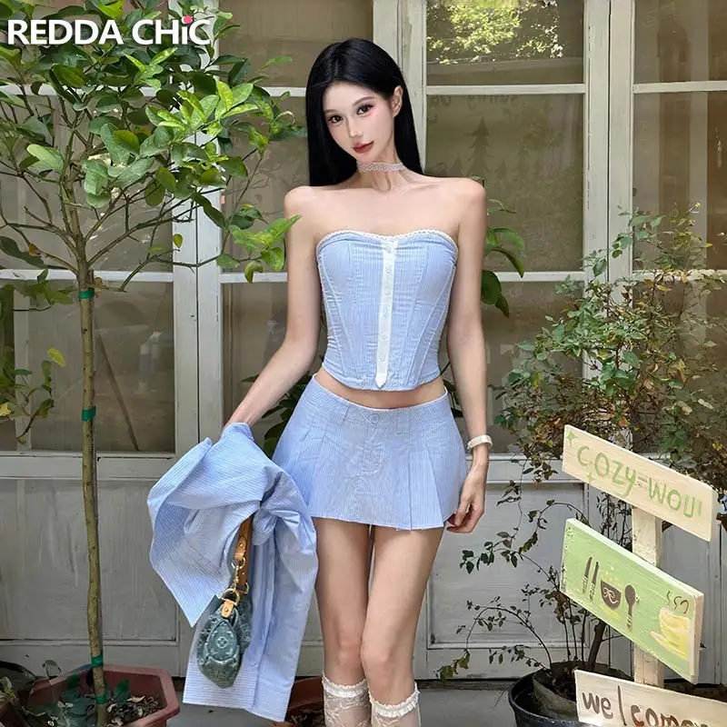 ReddaChic Women Striped Matching Set Lounge Low Rise Mini Skirt Boned Strapeless Top Open Front Cardigan New In Autumn Clothes