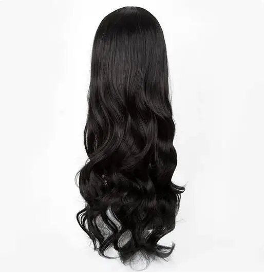 Wig hitam sintetis tahan panas keriting panjang kostum rambut garis bagian tengah cos-play pesta karnaval Halloween potongan rambut