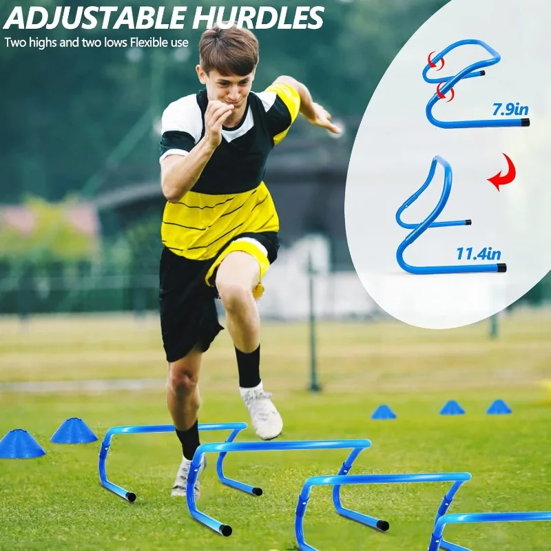 ,4 Adjustable Agility Hurdles, 12 Football Cones, Parachute, for Training Soccer Basketball Athletes