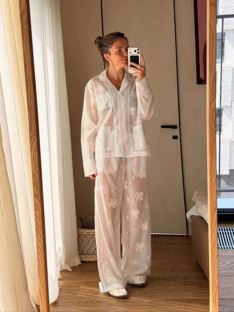 Lässiges Bedrucktes Durchsichtiges Hosenset für Damen, Hemd mit Revers und Langen Ärmeln, Lockerer Damenanzug Frühling/Sommer 2026, Neues 2-Teiliges Outfit