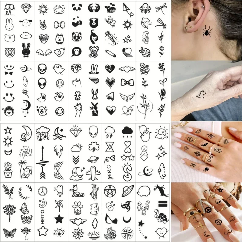 10pcs/set Water Transfer Tattoos for Kids Girls Boys Panda Diamond Heart Sun Samll Black Temporary Tattoo Finger  Arm Wrist Neck