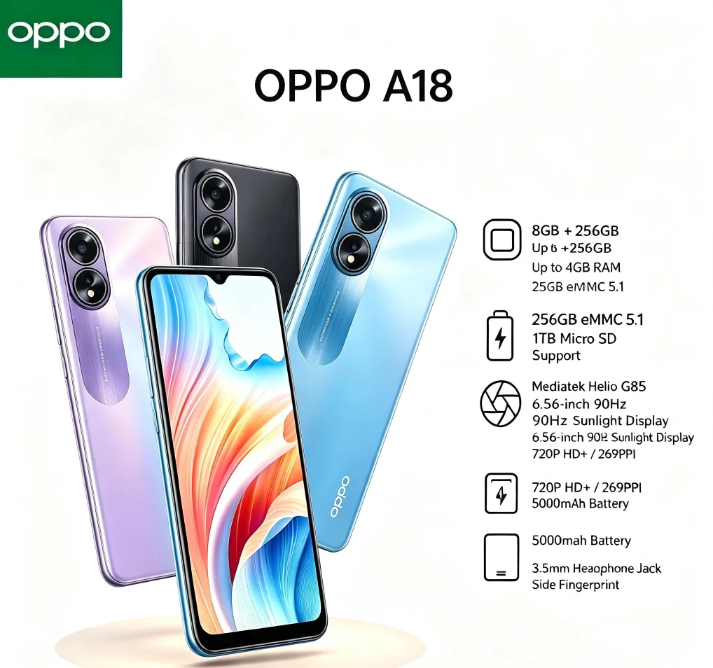 Latest 2026 OPPO A18 8+256GB Dual SIM Cell Phone Helio P35 6.5' HD+ Display 5000mAh Long Endurance Battery Smartphone