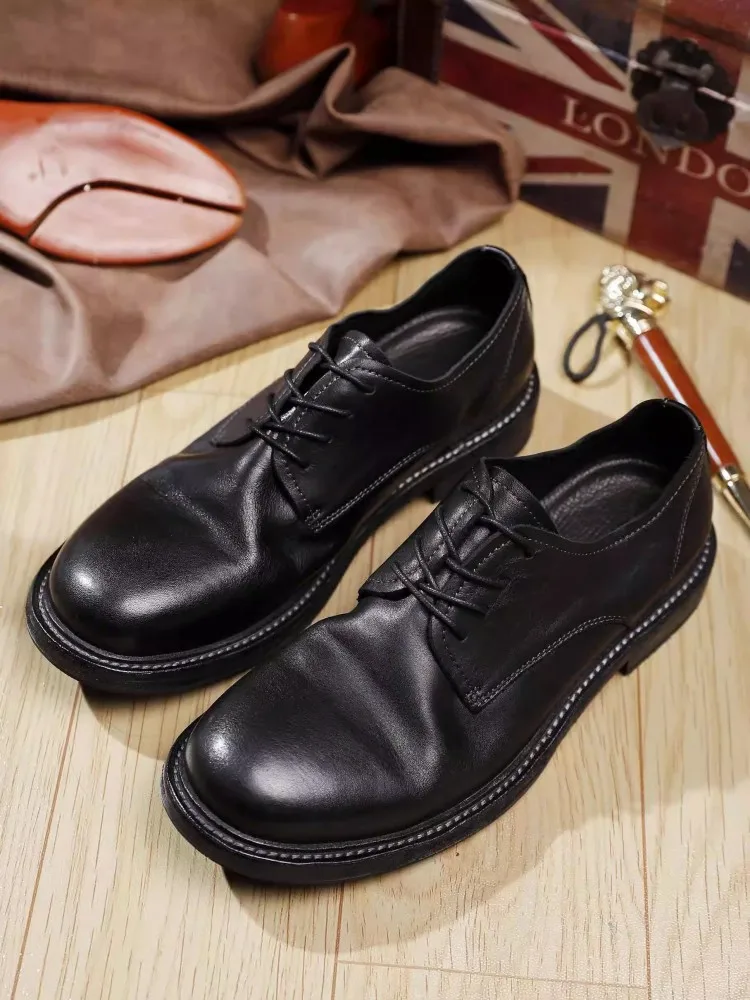 Vintage Spring Mens Business Work Cowhide Genuine Leather Formal Shoes Classic Lace Up Low Cut Round Toe Wedding Dress Shoes