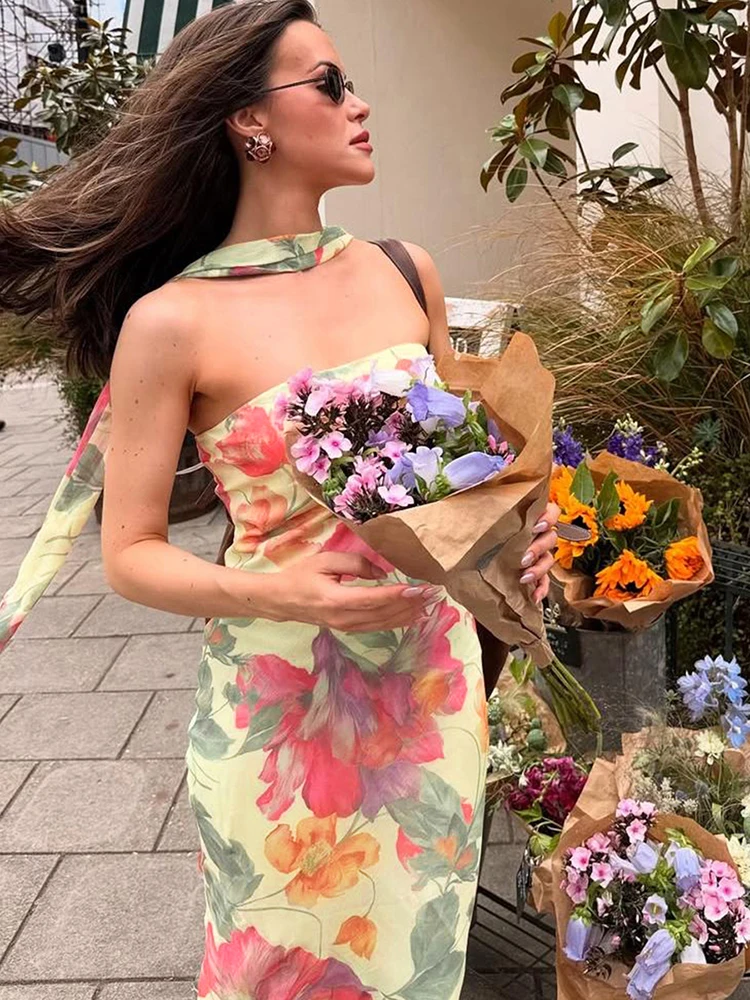 Kliou Ästhetische Bloosm Gedruckt Frauen Kleider Hipster Elegante Liebsten Gerade Lange Robe + Schal Weibliche Festival Urlaub Vestidos
