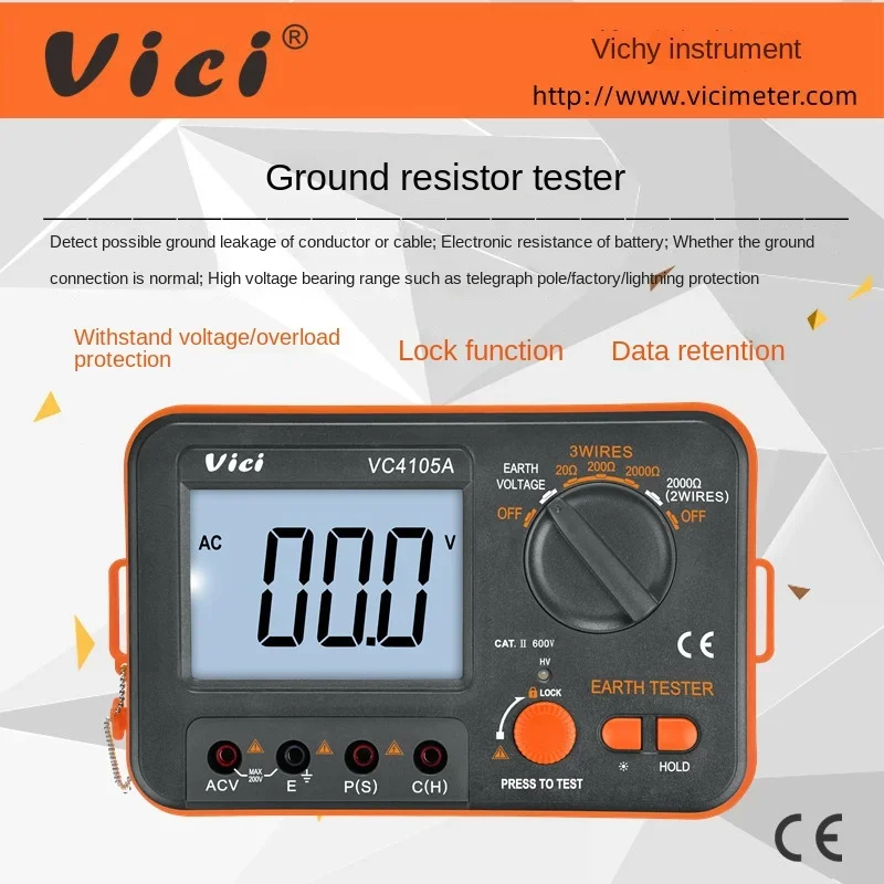 VICI VC4105A Digital Earth Resistance Tester LCD Isolamento Medidor de tensão de resistência à terra Ferramenta de instrumento de haste relâmpago