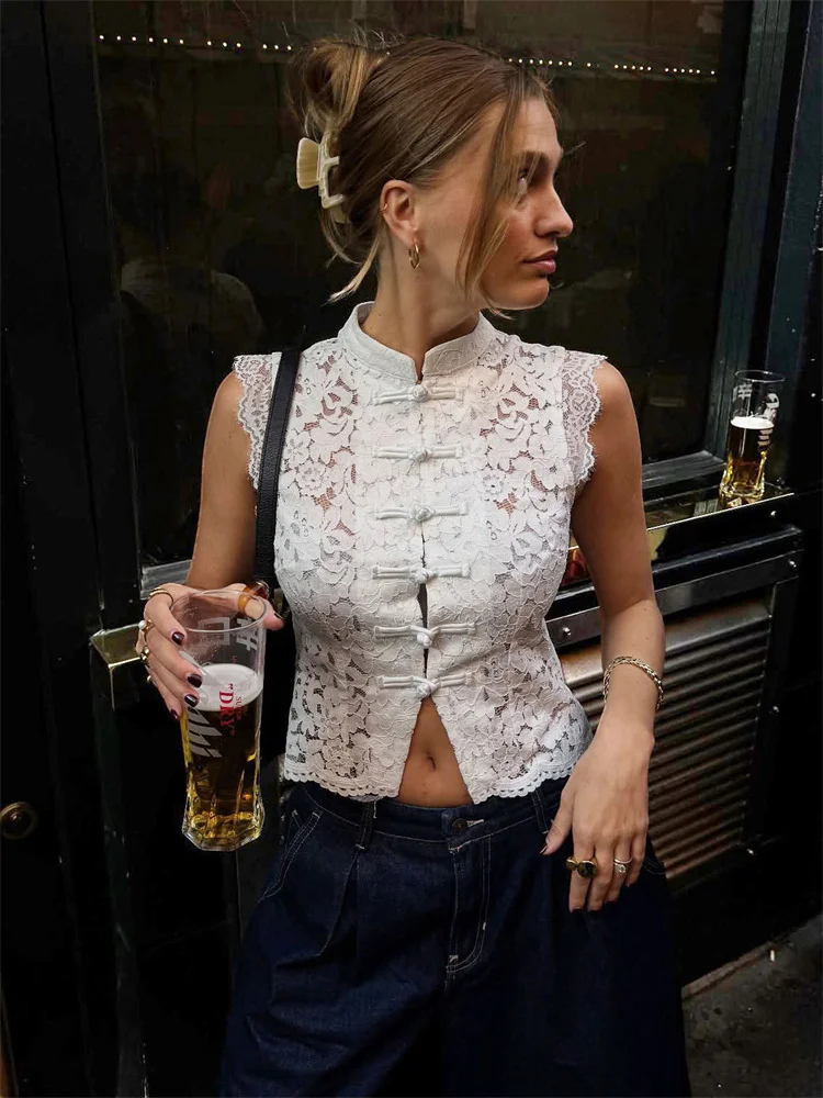 

Tossy Casual Lace Ruffled Vest Shirts For Women Sleeveless Hollow Out Patchwork Solid Summer Cropped Top Female Blouse Top 2026