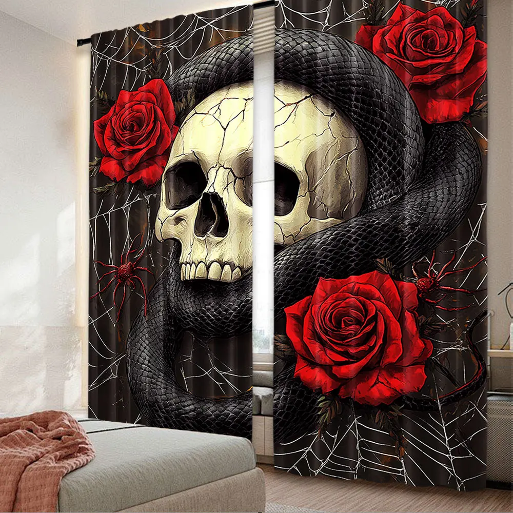 2Pcs Castle Fairy Skeleton Rose Curtain Skull Snake Spider Web Halloween Suitable For Bedroom Bathroom Living Room Dining Room