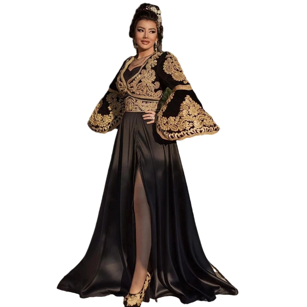 Traditional Kosovo Albanian Evening Dresses black Flared Sleeves gold Lace Applique prom occasion gown Robe De SoiréeCustomized