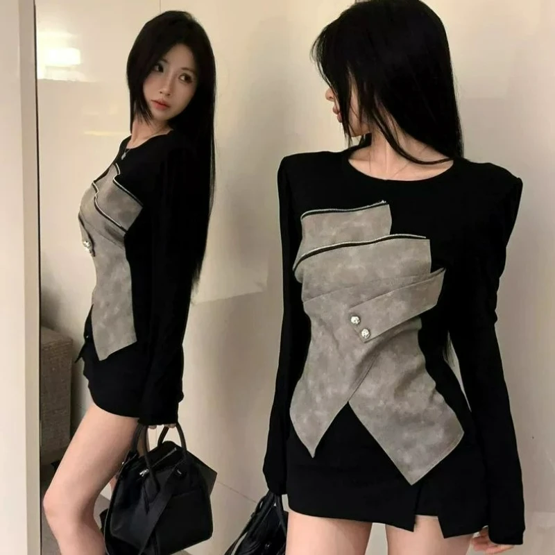 

Elegant Refined Irregularly Pieced Round-neck Long-sleeved T-shirt for Women 2026 Spring/Autumn Unique Slimming Base Layer Top
