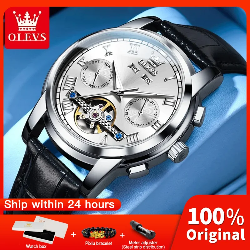 

OLEVS 6607, мужские часы, оригинальные деловые автоматические механические часы, водостойкий кожаный ремешок, часы для мужчин, скелетон, календарь, подарок