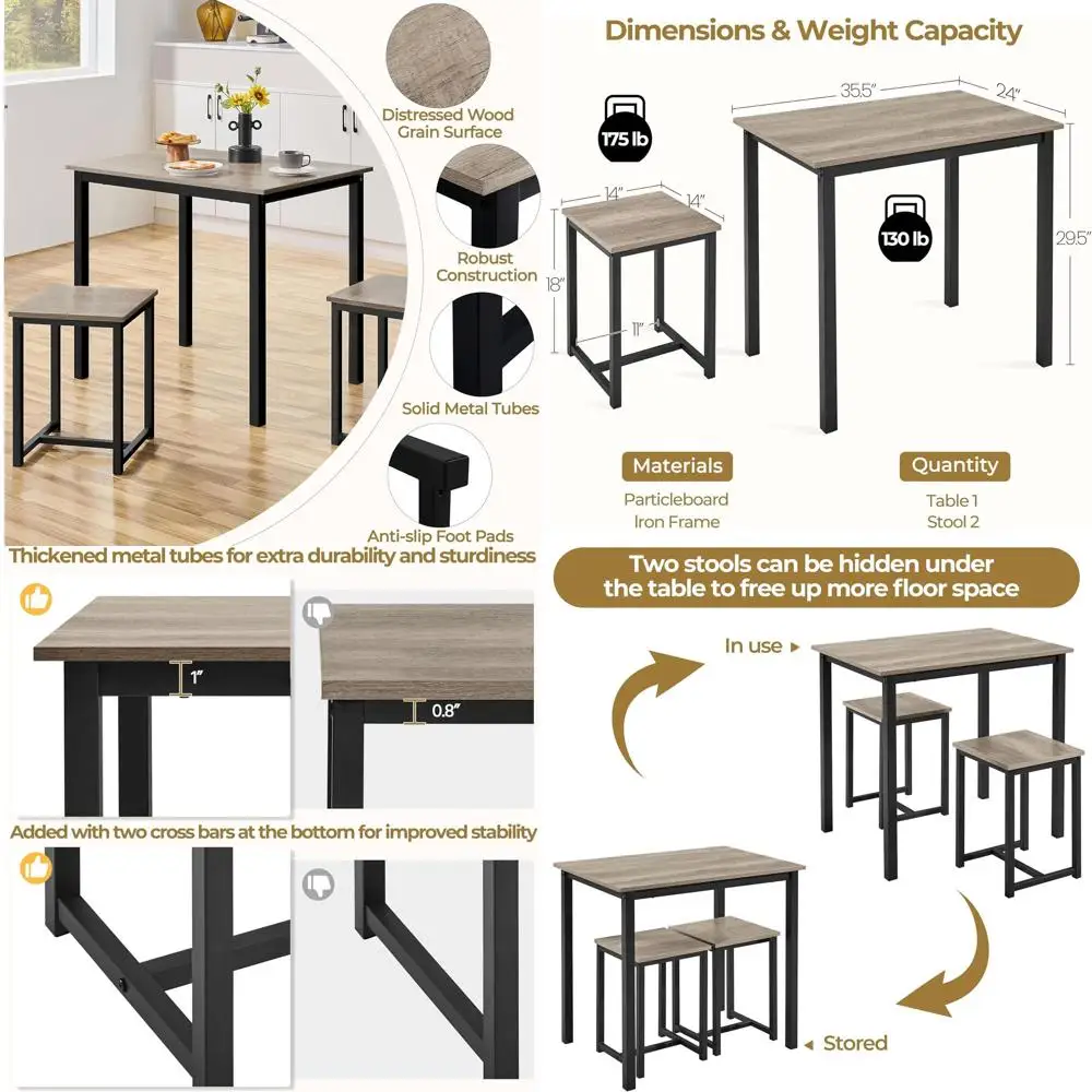 

Серый обеденный гарнитур из 3 предметов: современный кухонный стол со стульями для экономии пространства в гостиной и столовой