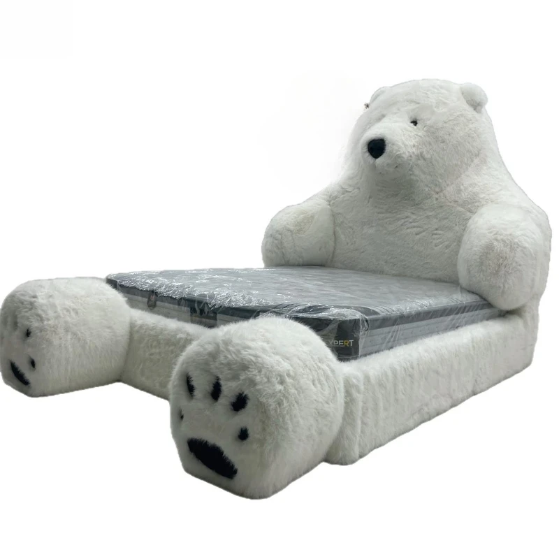 

Creative Large Animal Polar Bear Monster Bed Leather Fabric Plush Cream Bed