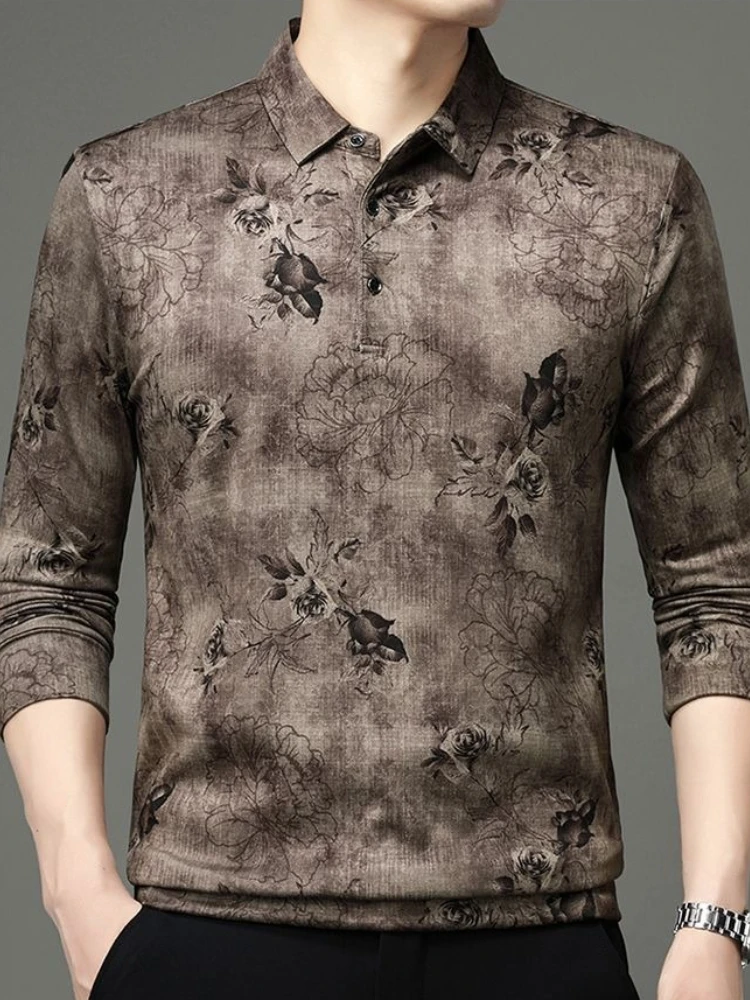 Autumn Men's Long Sleeve Printed T-Shirt Dralon Polo Collar Casual Versatile Base Layer Top for Middle-Aged