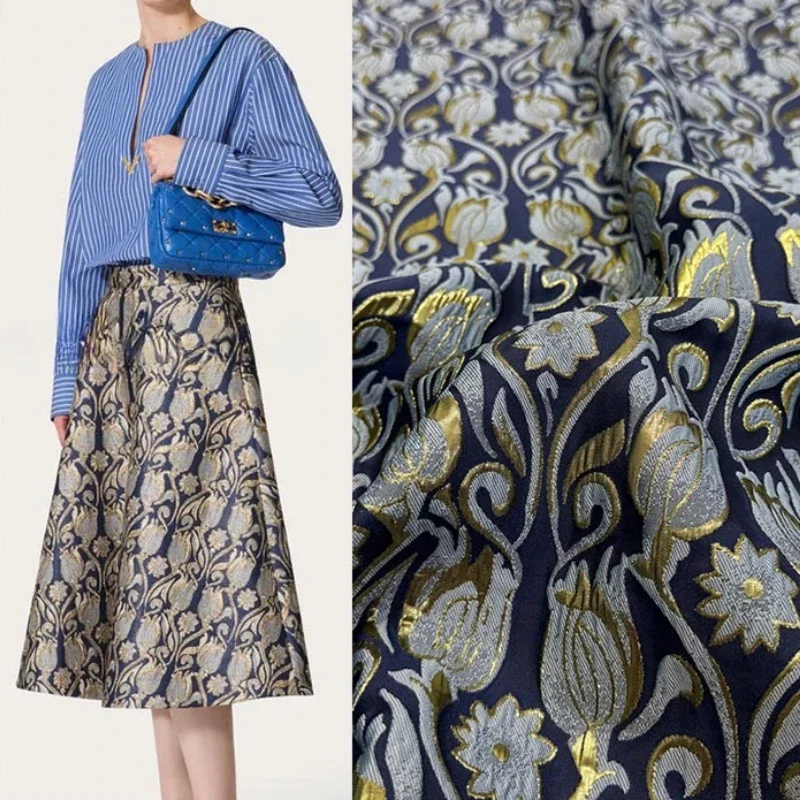 European and American Tulip Three-dimensional Relief Gold Silk Yarn Dyed Jacquard Dress Fabric Woven Brocade Dark Pattern Fabric