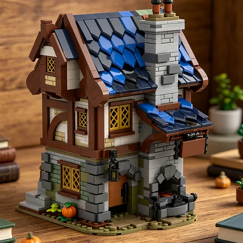 MOC1249PCS Medieval Blacksmith Castle Small Particle Building Blocks Creative Scene Expansion Toy