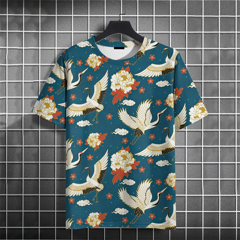 Crane Waves Pattern T-Shirt For Men Chinese Koi Fish 3D Print Tees Summer Casual Loose Short Sleeve O-Neck Tops Unisex T Shirts