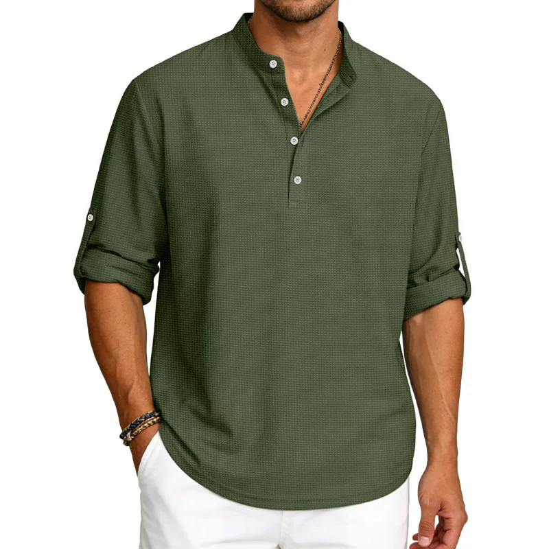 Summer American Style Long Sleeve Polos Men Solid Loose Breathable Stand Collar Polo Shirts Male Pull On Business Casual Tops