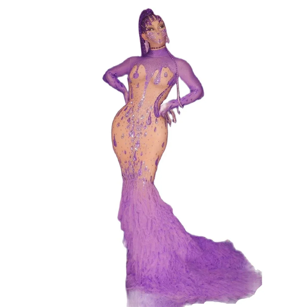 Purple Mermaid Dress Rhinestone Long Dress Women Crystal Long Sleeve Party Outfit Nightclub DJ Singer Stage Catwalk Show Costume