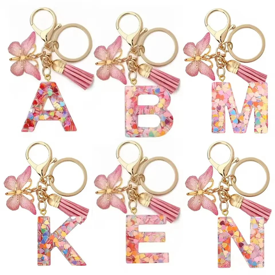 

Fashion A-Z Letters Acrylic Keychain for Women Pink Butterfly Tassel Alphabet Car Key Ring Bag Charms Accessories Gift Jewelry