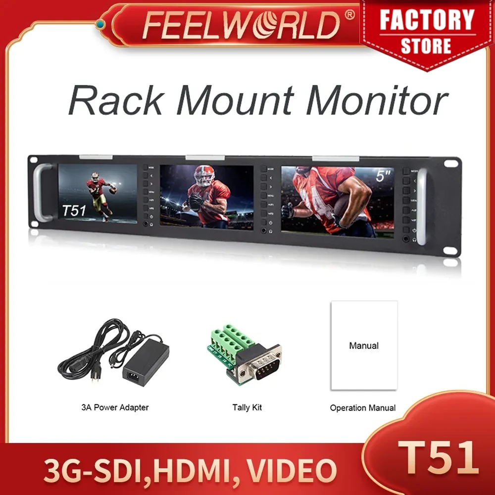 Feelworld T51 Triple 5 Inch 2RU LCD 3G-SDI HDMI Input Output Rack Mount Monitor Broadcast Level Quality Monitor