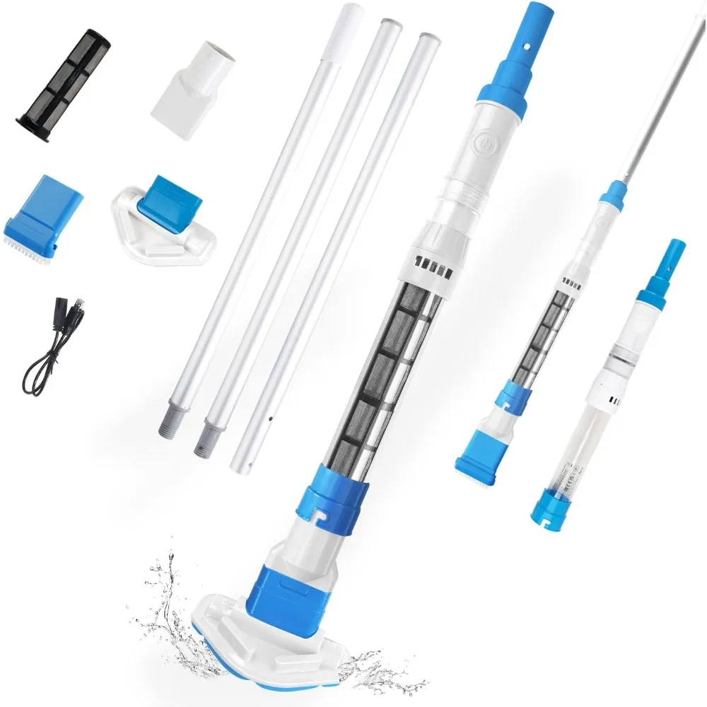 

Handheld Pool Vacuum, Cordless Rechargeable Cleaner with Replaceable Brush Head, Powerful Suction, with Telescopic Poles, Ideal