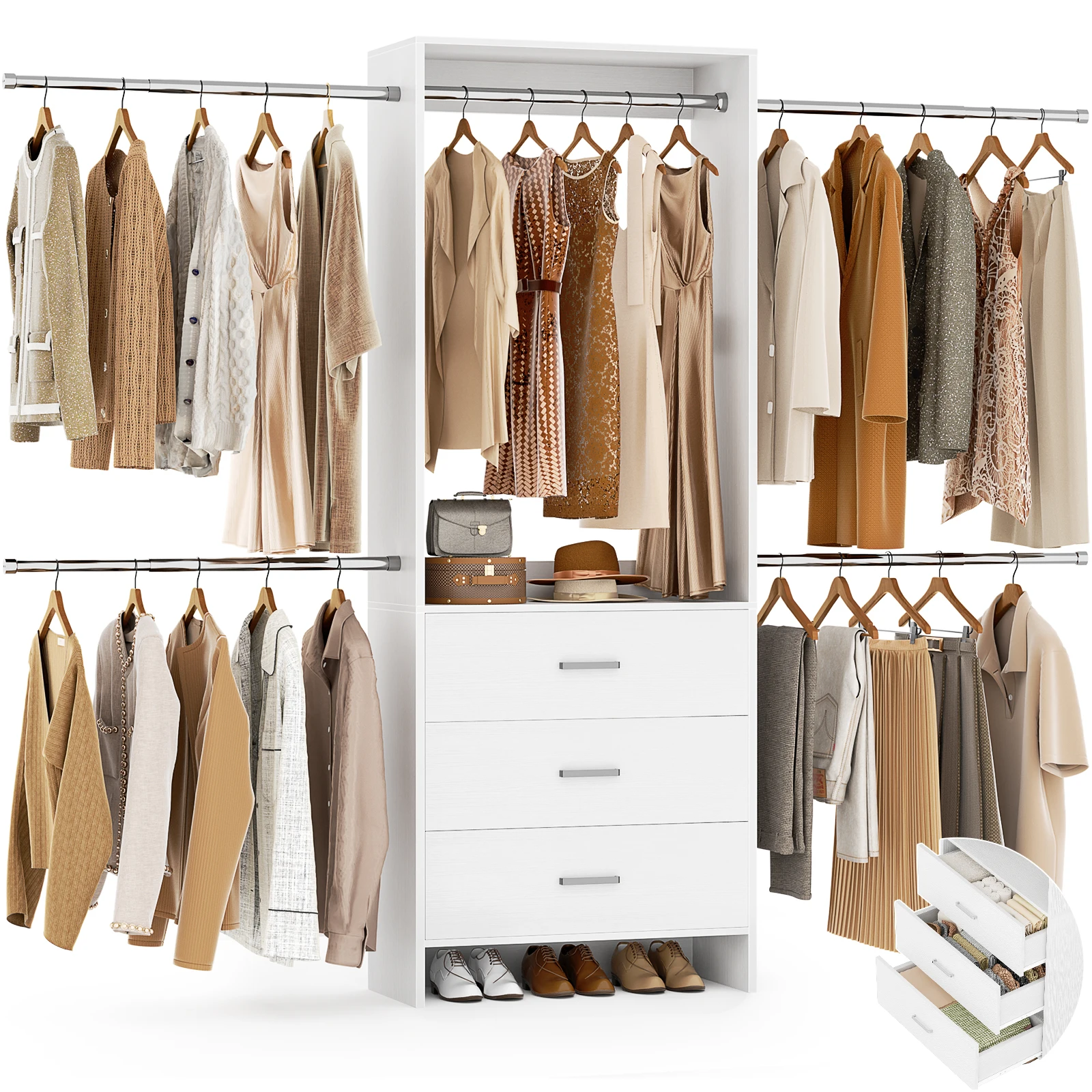 Aheaplus Closet System Closet Organizer with 3 Wooden Drawers Walk-in Closet Wardrobe with 4 Hanging Rods Clothes Rack Garment Organizer