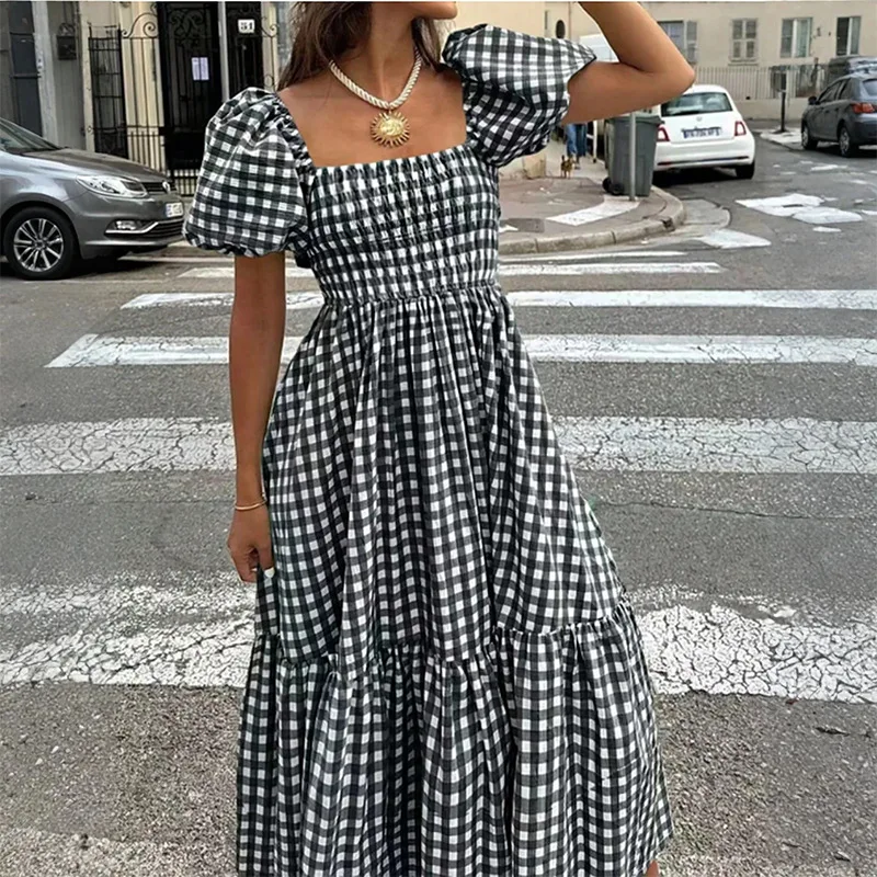 

Fashion Plaid Dress Women Summer Dresses Casual Bubble Sleeve Waist Long Dress Spring Summer