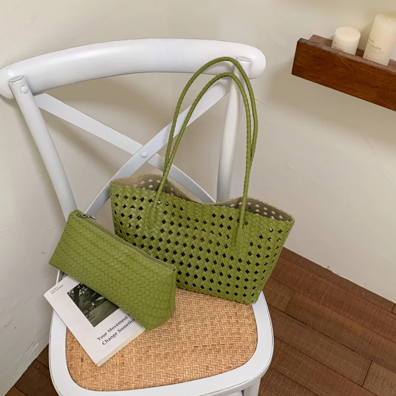 Women Summer Korean Style Vintage Woven Openwork Large Capacity Minimalist Handle Shoulder Underarm Tote Bag Daily Commuter