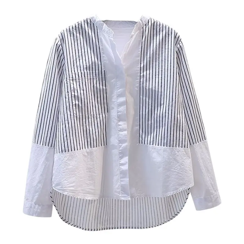 Korean Stripe Print Splicing Pockets Long Sleeve Shirt Spring Autumn All-match Stand Collar Loose Chiffon Single Breasted Blouse