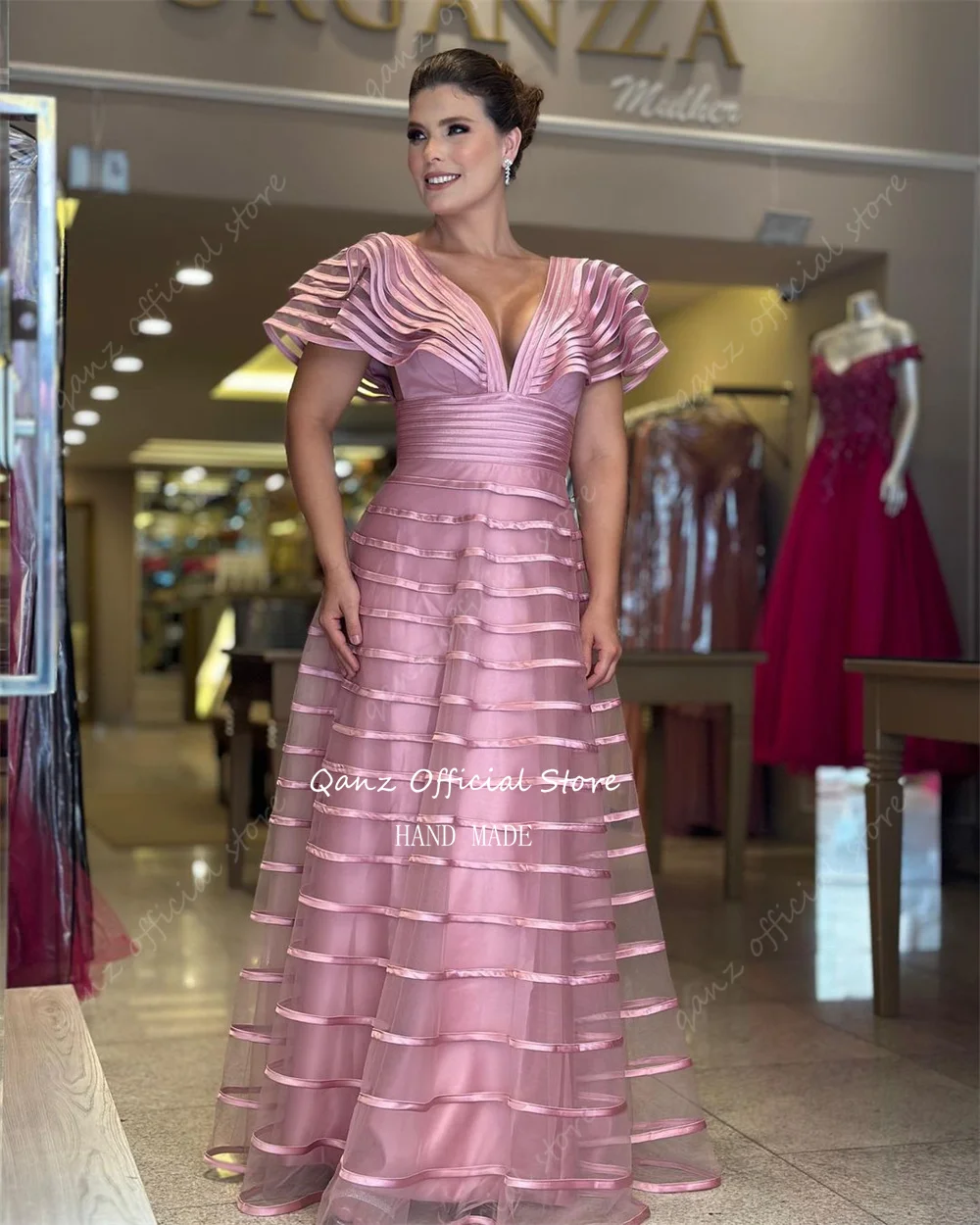 Qanz verde esmeralda elegante vestidos de baile profundo decote em v tule vestidos de noite longos até o chão vestido de ocasião formal personalizado