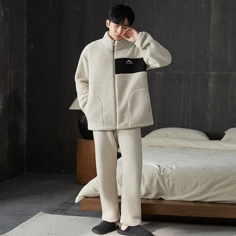 Men Striped Coral Fleece Pajama Set Stand Collar Zipper Thick Warm Loungewear Autumn Winter Home Sleepwear